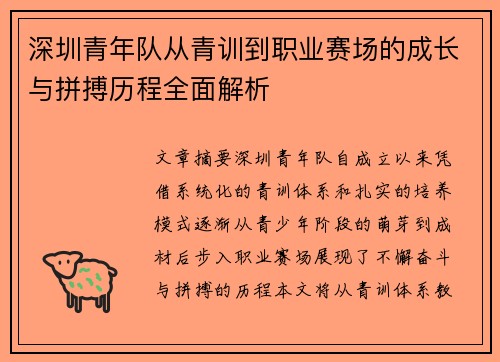 深圳青年队从青训到职业赛场的成长与拼搏历程全面解析