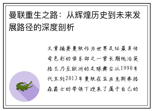 曼联重生之路：从辉煌历史到未来发展路径的深度剖析